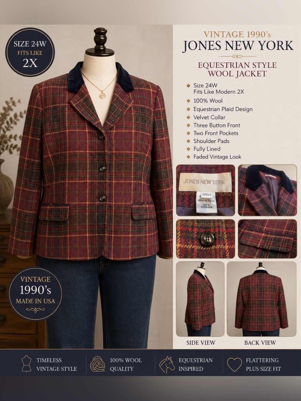 Jones New York - vintage 90s - Burgundy Plaid Wool Blazer w:Navy Velvet collar